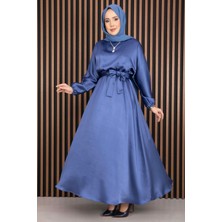 Md Beli Büzgülü Kuşaklı Tesettür Elbise İndigo