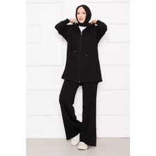 Frx Gold Işıltılı Fermuarlı Kapüşonlu Triko İkili Takım Siyah