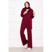 Frx Gold Işıltılı Fermuarlı Kapüşonlu Triko İkili Takım Bordo