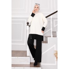 Frx Taş Düğmeli İki Renk Triko Takım Krem