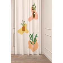 Greendecor Bohem Vazo Çiçek Yaprak Desenli Özel Tasarım Dijital Baskılı (Tek Kanat) Soft Modern Şık Fon Perde