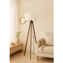 Normadia Beyaz Yuvarlak Kumaş Silindir Başlıklı Ahşap Üç Ayaklı Lambader