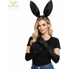 NessiWorld Siyah Parlak Tavşan Kulak ve 40 cm Parlak Siyah Eldiven Kostüm Seti