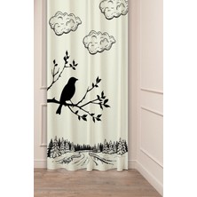 Greendecor Kuş Orman Ağaç Bohem Bej Krem Desenli Özel Tasarım Dijital Baskılı (Tek Kanat) Modern Şık Fon Perde