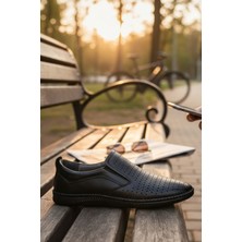 Enoch Hakiki Deri Siyah Ortopedik Tam Lazer Delikli Yazlık Erkek Ayakkabı