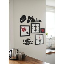 Runc Design Retro Mutfak Duvar Dekorasyon Seti - 7 Parça Siyah Mdf Tablo, Saat ve Mutfak Yazısı Seti