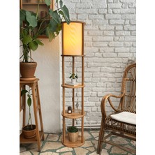 Normadia Modern 3 Katlı Ahşap Lambader, Keten Abajurlu Zemin Aydınlatması