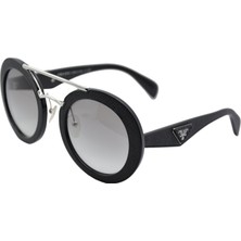 Praada. Lınae Rosa Spr 15S 1AB 0A7 Mılano Ornate Saffıano Leather Sıyah Süslemeli Deri Yuvarlak Füme Gri  Üçgen Logo Kadın Güneş Gözlüğü