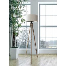 Normadia Şık 3 Ayaklı Ahşap Tripod Lambader, Yuvarlak Kumaş Abajur, Krem ve Kahverengi