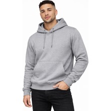 Justas Erkek Gri Şardonlu Kapşonlu Kanguru Üçiplik Sweatshirt