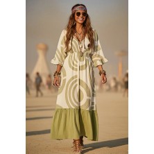 Halka Oval Daire Desenli V Yaka Sırt Bağlamalı Nefes Alan Kumaş Uzun Bohem Yazlık Tatil Elbise