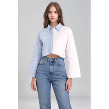 Mamayaga Kadın Özel Tasarım Asimetrik Kesim Düğmeli Çizgi Garnili Crop Boy Gömlek