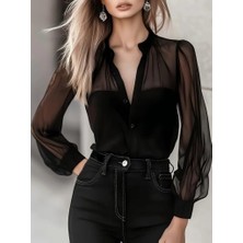 Kendim Fashion Kadın Uzun Kollu Hakim Yakalı Önden Düğmeli Tül Detaylı Trikoton Gömlek