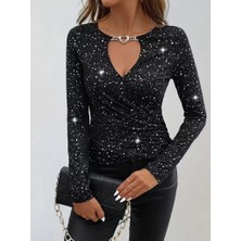 Kendim Fashion Kadın Uzun Kollu Kruvaze Yakalı Aksesuarlı Dalgıç Bluz