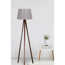 Normadia Şık Tripod Ayaklı Ahşap Abajur, Konik Kumaş Tasarımı, Gri ve Kahverengi Detaylar