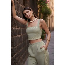 Zikzak Nakış Kalın Askılı Crop Bluz Pantolon 2li Takım