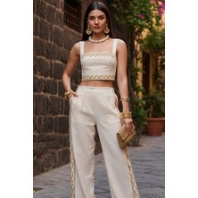 Zikzak Nakış Kalın Askılı Crop Bluz Pantolon 2li Takım