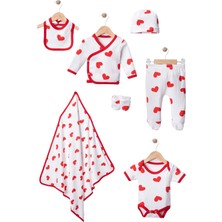 Uko Baby Ribana Pamuklu Minik Kalp Baskılı 7 Parça Yenidoğan Hastane Çıkışı & Zıbın Seti