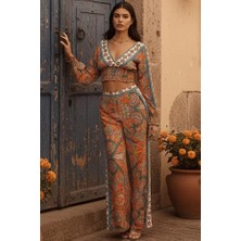 V Yaka Hint Şal Desenli Bohem Yazlık Sahil Kadın Viskon Kollu Krop Pantolon Takım