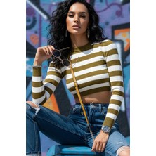 Fashion Cocktail Çizgili Şeritli Sırtı Ayarlanabilir Deri Kemerli Kollu Likralı Esnek Krop Büstiyer Zeytin Yeşili