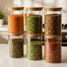 Snippy Melo - 6'lı Bambu Vakum Kapaklı Büyük Boy Cam Saklama Kabı Seti Bakliyat Erzak Kavanozu 1050 ml