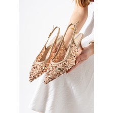 Best Cover Arıya Kadın Gold Sivri Burun Slingback Pul Payet Detaylı Ince Topuklu Ayakkabı