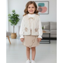 Asliva Fashion Kız Çocuk Kışlık Şortetek Takım Krem Rengi Kürklü Yelekli Çiçek Detayl