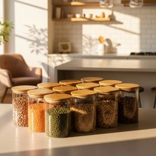 Snippy Melo - 12'li Bambu Vakum Kapaklı Büyük Boy Saklama Kabı Seti Bakliyat Erzak Kavanozu 1050 ml