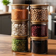 Snippy Melo - 6'lı Bambu Vakum Kapaklı Küçük Boy Cam Saklama Kabı Seti Bakliyat Erzak Kavanozu 530 ml