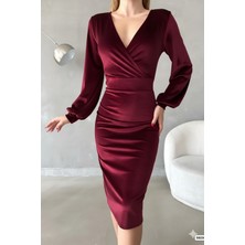 Ezraa Kadife Kumaş Uzun Kollu Kruvaze Elbise