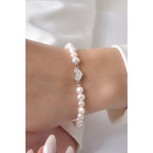 Doğal Taş Inci Tasarım Bileklik – 925 Ayar Gümüş Kalp Detaylı