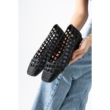 Best Cover Calısta Kadın Örgü Detaylı Kare Burun File Babet Ayakkabı