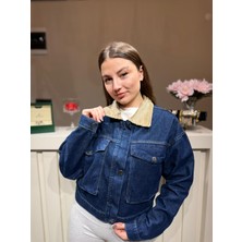 Asl Woman Kadın Fermuarlı Kadife Yakalı Kot Ceket – Rahat Kesim Günlük Jean Ceket