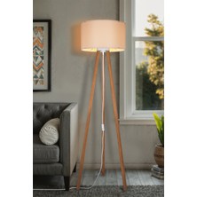 Normadia Şık Krem Lambader Abajur, 3 Ayaklı Tripod, Kumaş ve Ahşap Tasarım