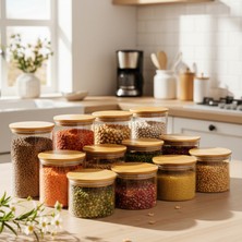 Snippy Melo - 12'li Bambu Vakum Kapaklı Cam Saklama Kabı Seti Bakliyat Erzak Kavanozu X4 - 530/680/1050 ml