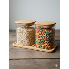 Yiwu Bambu Kapaklı Vakumlu Çizgili Kare Kavanoz 2`li 850ML