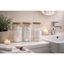 Durina Living Vakumlu Bambu Kapaklı Brokslikat  Cam 3’lü  Banyo Pamukluk & Kulak Çubuğu ve Pamuk Saklama Kavanozu Seti Etikete Hediyeli