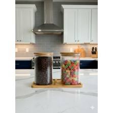 Yiwu Bambu Kapaklı Vakumlu Çizgili Kare Kavanoz 2`li 1000ML