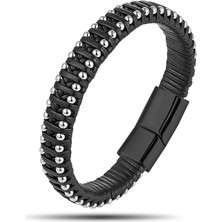 Fm Siyah Deri Ve Damla Çelik Zincirli Bileklik 31834B1D2-1