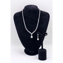 Pangu Damla Taş Detaylı Gümüş Renk Abiye Kolye Küpe Seti