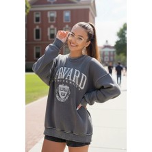 Fashion Cocktail Harvard Üniversite Kolej Salaş Alacalı Uzun Kollu Bol Kesim Kışlık Kadın Sweatshirt Füme