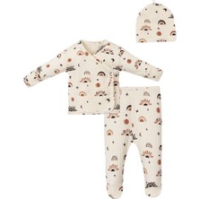 Bebeva Baby Erkek Bebek %100 Pamuklu Güneş Figür Baskılı Uzun Kollu Body Pantolon ve Önlük 3'lü Takım - Krem