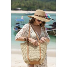 Fashion Cocktail Oval Deri Tabanlı Deri ve Hasır Saplı Çıtçıtlı Astarlı Yumuşak Sahil Plaj Beach Ithal Hasır Çanta