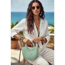Fashion Cocktail Katı Sert Örgü Yarım Ay Saplı Askılı Astar Büzgülü Bohem Minik Mini Boy Hasır Çanta