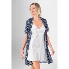 Red Womans Şık Desenli Saten 2'li Kısa Sabahlık Takımı