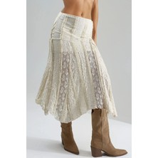 Hiccup Kadın Busem Yüksek Bel Dantelli A Kesim Midi Etek Bej Doğal