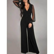 Fresco Scarfs Kadın Uzun Kollu Kruvaze Yakalı Kolları Tüllü Viskon Tulum