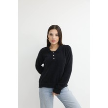 Merci Kadın Tüylü Polo Yaka Düğmeli Triko Kazak