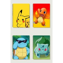 Black-One Pokemon 4'lü Set  A5 Metal Spiralli Çizgisiz Kalın Bristol Kapak Pokemon 4'lü Set Defter