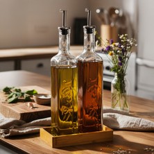 Snippy Lara - 2'li Bambu Standlı Cam Zeytinyağı Sıvıyağ Şişesi Yağdanlık Damlatmaz Yağlık Sirkelik 500ML